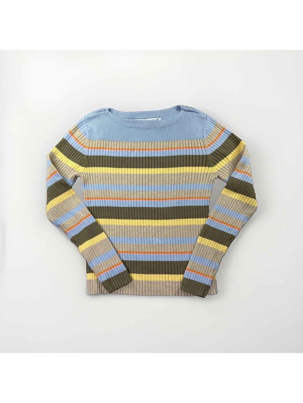 Tommy Hilfiger Striped Ribbed Sweater Blue Tan Orange Large Y2K Crew Neck